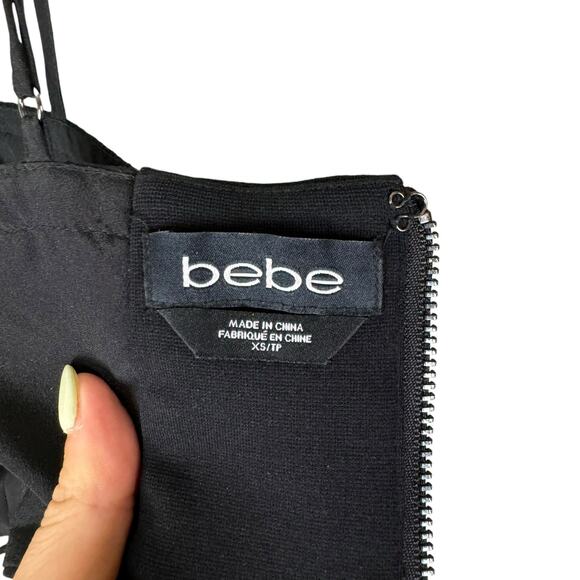 Bebe Black Tribal Embroidered with Black Fringe Bustier Top with Sheer Overlay - Picture 9 of 10